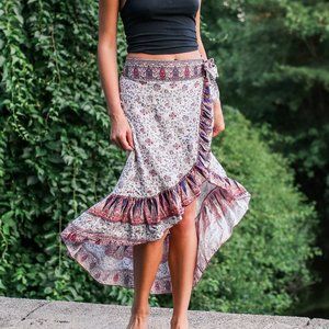 Ruffle Skirt, Printed Faux Wrap & Side Tie